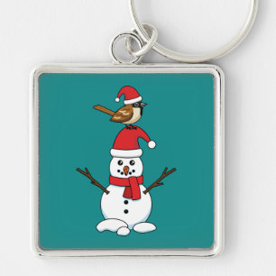 Niedlicher Sparrow auf Snowman Schlüsselanhänger