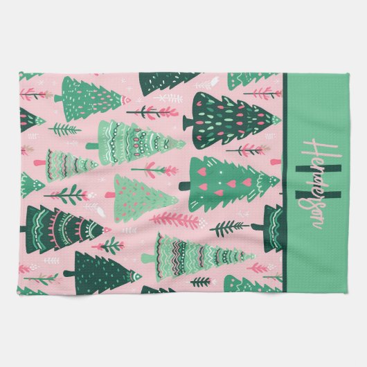 Niedlicher Spaß Rosa und grüne Weihnachtsbaummuste Geschirrtuch (Horizontal)