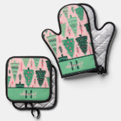 Niedlicher Spaß Rosa und grüne Weihnachtsbaummuste Ofenhandschuh & Topflappen-Set (Vorderseite/Rückseite)