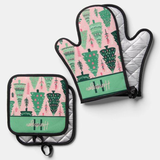Niedlicher Spaß Rosa und grüne Weihnachtsbaummuste Ofenhandschuh & Topflappen-Set (Vorderseite/Rückseite)