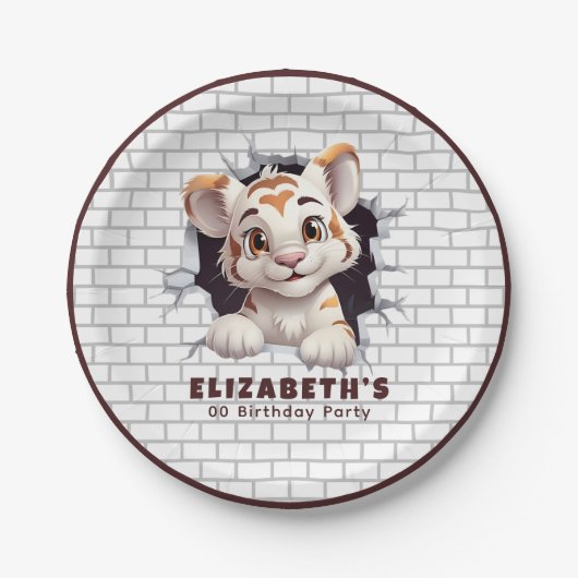 Niedlicher Spaß Tiger Cub Pinkeln aus dunkelbraune Pappteller (Vorderseite)