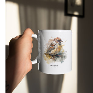 niedlicher Spatz in Aquarellfarbe, anpassbar Zweifarbige Tasse