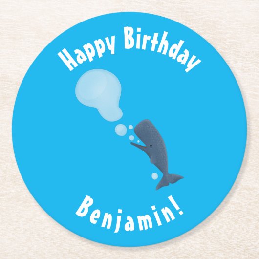 Niedlicher Spermienwal bläst Blasen Cartoon Runder Pappuntersetzer (Vorderseite)