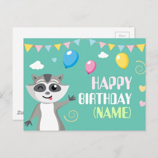 Niedlicher spiellustiger Raccoon mit Ballons Postkarte (Vorne/Hinten)