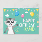 Niedlicher spiellustiger Raccoon mit Ballons Postkarte (Vorderseite)