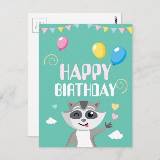 Niedlicher spiellustiger Raccoon mit Ballons Postkarte (Vorne/Hinten)