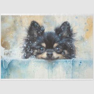 Niedlicher Spitz Hund in der Badewanne Dekoupage Seidenpapier