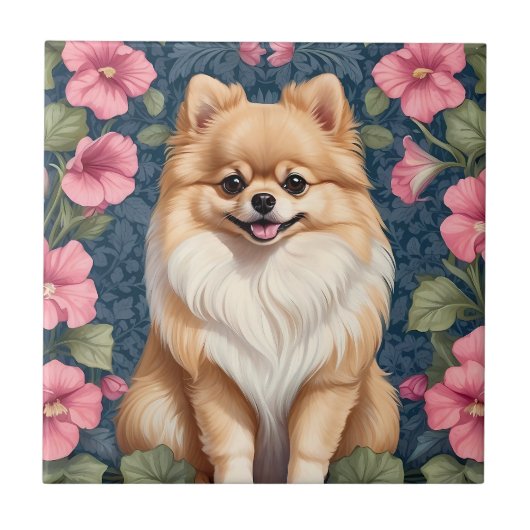 Niedlicher Spitz Hund mit rosa Petunias Fliese (Vorderseite)