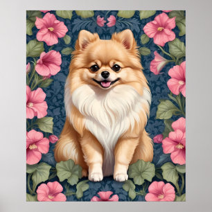 Niedlicher Spitz Hund mit rosa Petunias Poster