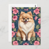 Niedlicher Spitz Hund mit rosa Petunias Postkarte (Vorne/Hinten)