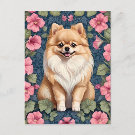 Niedlicher Spitz Hund mit rosa Petunias Postkarte (Vorderseite)