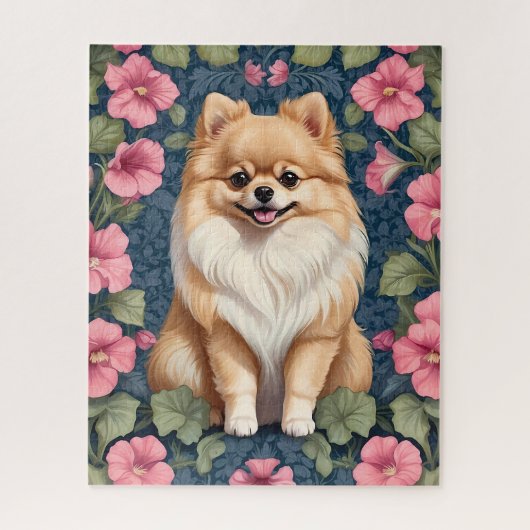 Niedlicher Spitz Hund mit rosa Petunias Puzzle (Vertikal)