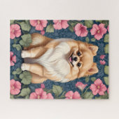 Niedlicher Spitz Hund mit rosa Petunias Puzzle (Horizontal)