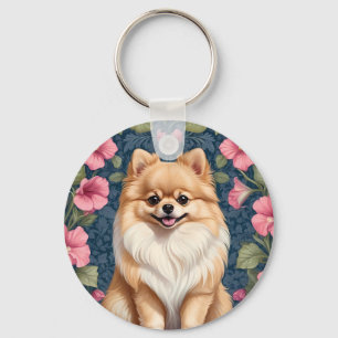 Niedlicher Spitz Hund mit rosa Petunias Schlüsselanhänger