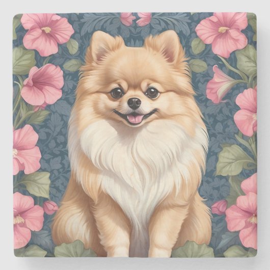 Niedlicher Spitz Hund mit rosa Petunias Steinuntersetzer (Vorderseite)