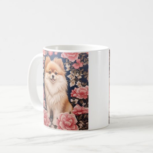 Niedlicher Spitz Hund rosa Blütenblättrig Kaffeetasse (Vorderseite Links)