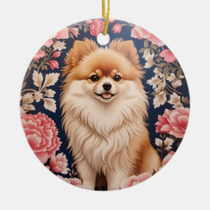 Niedlicher Spitz Hund rosa Blütenblättrig Keramik Ornament
