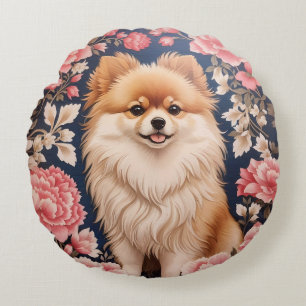 Niedlicher Spitz Hund rosa Blütenblättrig Rundes Kissen