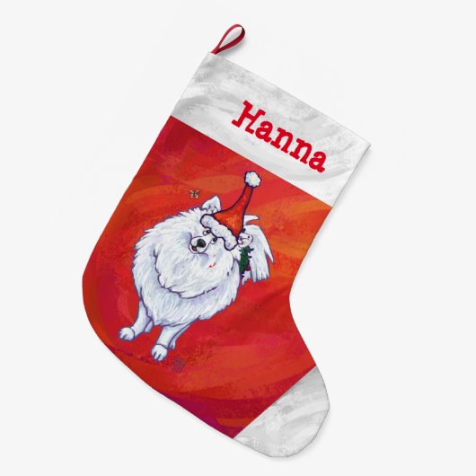 Niedlicher Spitz in der Weihnachtsmannmütze auf Ro Großer Weihnachtsstrumpf (Vorderansicht (hängend))