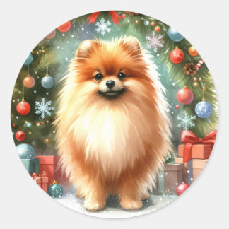 Niedlicher Spitz Wasserfarbe Festliche Weihnachten Runder Aufkleber