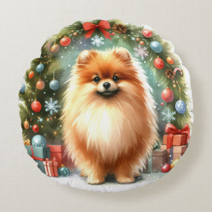 Niedlicher Spitz Wasserfarbe Festliche Weihnachten Rundes Kissen