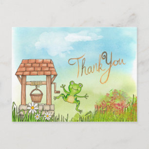 Niedlicher springender Frosch an einem Brunnen Dan Postkarte