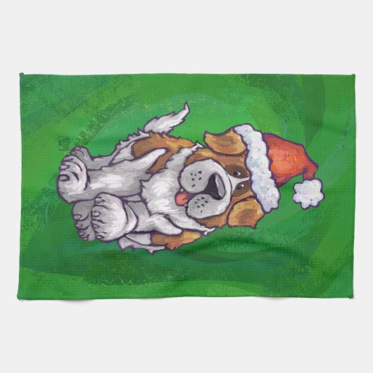Niedlicher St. Bernard in Weihnachtsmannmütze auf Geschirrtuch (Horizontal)