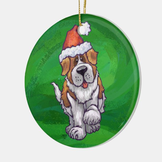 Niedlicher St. Bernard in Weihnachtsmannmütze auf Keramikornament (Links)