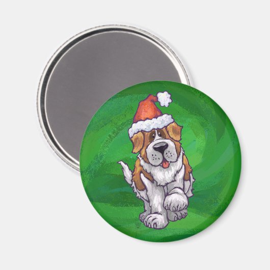 Niedlicher St. Bernard in Weihnachtsmannmütze auf Magnet (Vorderseite/Rückseite)