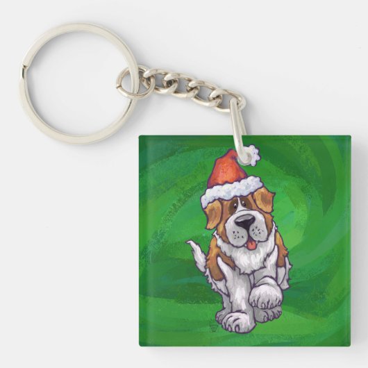 Niedlicher St. Bernard in Weihnachtsmannmütze auf  Schlüsselanhänger (Vorderseite)