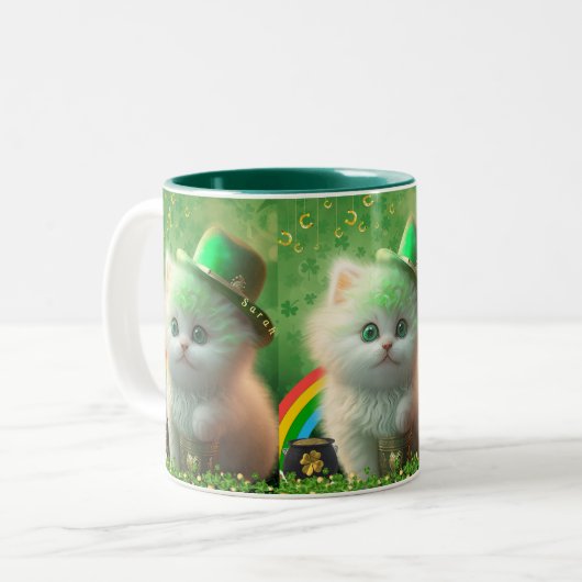Niedlicher St Patricks Day Cat Rainbow Gold Person Zweifarbige Tasse (Vorderseite Links)