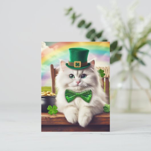Niedlicher St. Patricks Day Cat Rainbow Pot of Gol Postkarte (Stehend Vorderseite)