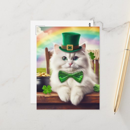 Niedlicher St. Patricks Day Cat Rainbow Pot of Gol Postkarte (Vorderseite/Rückseite Beispiel)