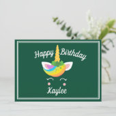 Niedlicher St. Patricks Day Unicorn Green Geburtst Einladung (Stehend Vorderseite)