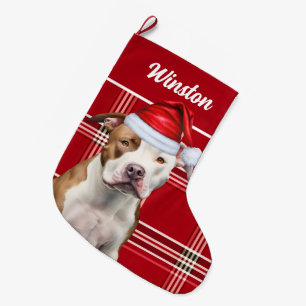 Niedlicher Staffordshire Hund und Karierte Red Cus Großer Weihnachtsstrumpf