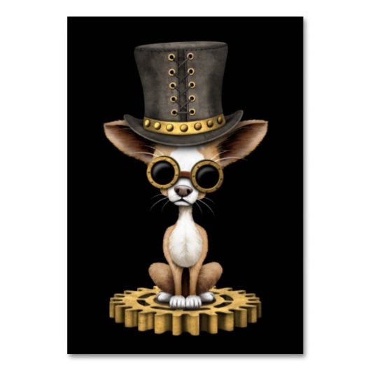 Niedlicher Steampunk Chihuahua Welpe Hund, schwarz Tischnummer (Vorderseite)