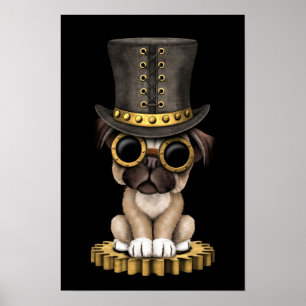 Niedlicher Steampunk Mops-Welpen-Hund, schwarz Poster