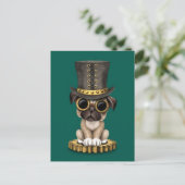 Niedlicher Steampunk-Mops Welpenhund, aquamarin Postkarte (Stehend Vorderseite)