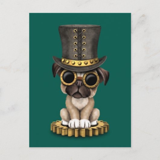 Niedlicher Steampunk-Mops Welpenhund, aquamarin Postkarte (Vorderseite)