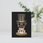 Niedlicher Steampunk-Mops Welpenhund, schwarz Postkarte (Stehend Vorderseite)