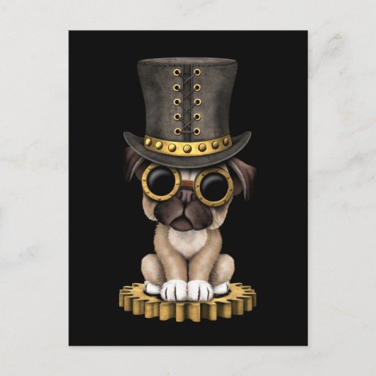 Niedlicher Steampunk-Mops Welpenhund, schwarz Postkarte (Vorderseite)