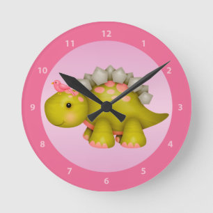 Niedlicher Stegosaurus-Dinosaurier u. Vogel-rosa Runde Wanduhr