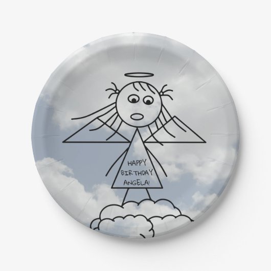 Niedlicher Stick Angel auf Wolken Personalisiert G Pappteller (Vorderseite)