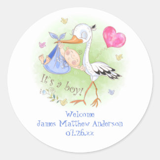 Niedlicher Storch mit Baby Boy Pink Hearts Baby Du Runder Aufkleber