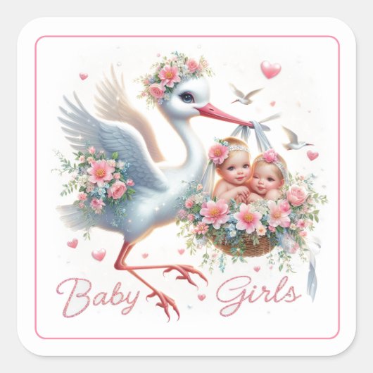 Niedlicher Storch mit zwei Baby-Girls Quadratischer Aufkleber (Vorderseite)