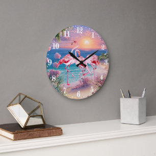 niedlicher Strand rosa Flamingos Große Wanduhr