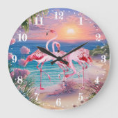 niedlicher Strand rosa Flamingos Große Wanduhr (Vorderseite)