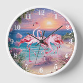 niedlicher Strand rosa Flamingos Uhr (Vorderseite)