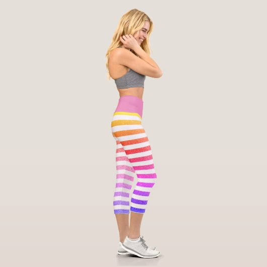 Niedlicher, stylischer Neon Pastel Stripe Lila Hüf Capri Leggings (Rechts)