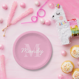 Niedlicher Suchkursname und Monogramm Pink Pappteller